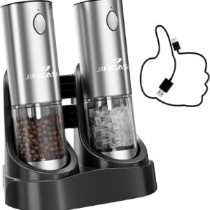 [Upgraded Larger Capacity] Electric Salt and Pepper Grinder Set with USB Charging Base. 95ml Large Capacity. Adjustable Coarseness.Stainless Steel Automatic Pepper Mill with One-Hand Operation. 2 Pack